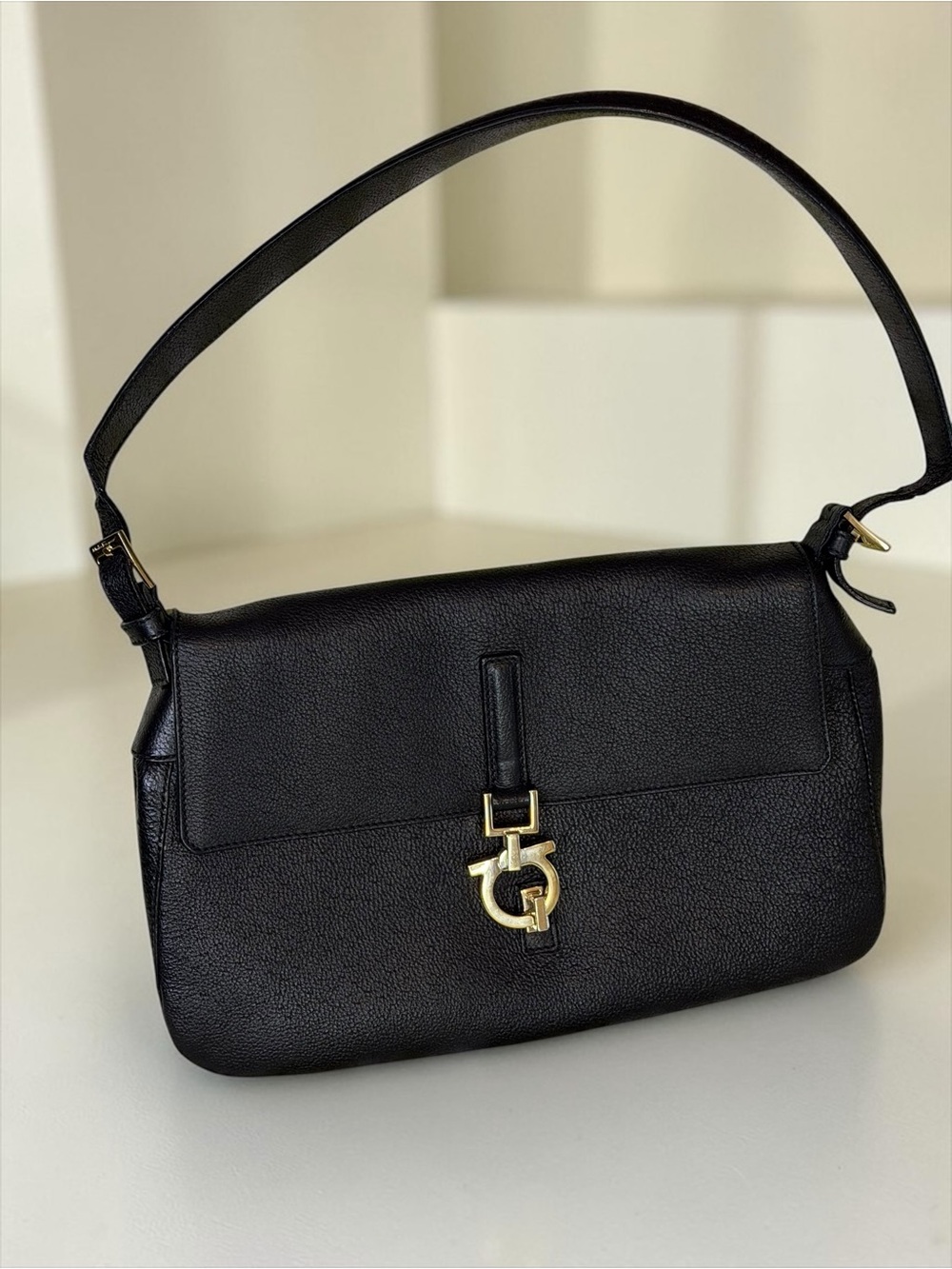 Salvatore Ferragamo Black Shoulder Bag with Gold Gancini